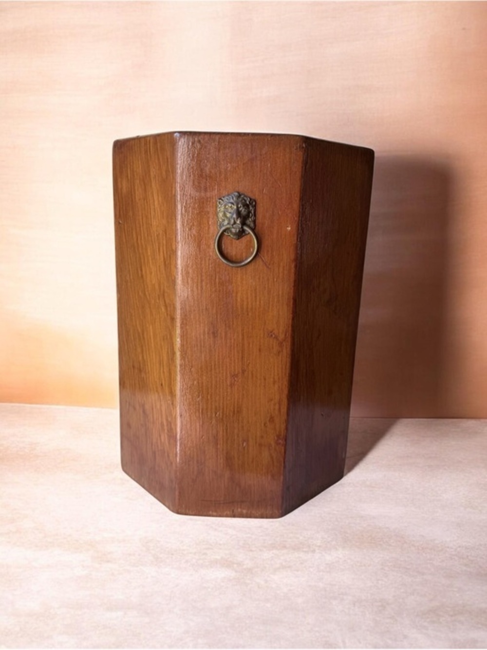 VTG /MC Wood Octagon Shape Trash Can Waste Bin With Lions Heads Unique Storage